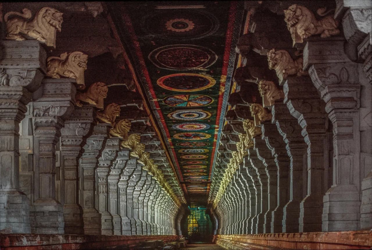 Intricate pillar sculptures inside Ramanathaswamy Temple corridor